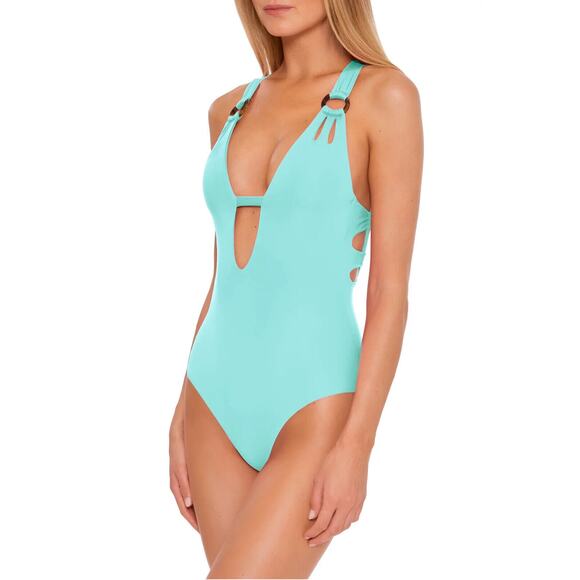 BECCA Rebecca Virtue Color Code Skylar Plunge Sage One Piece Swimsuit Size L - Picture 1 of 10